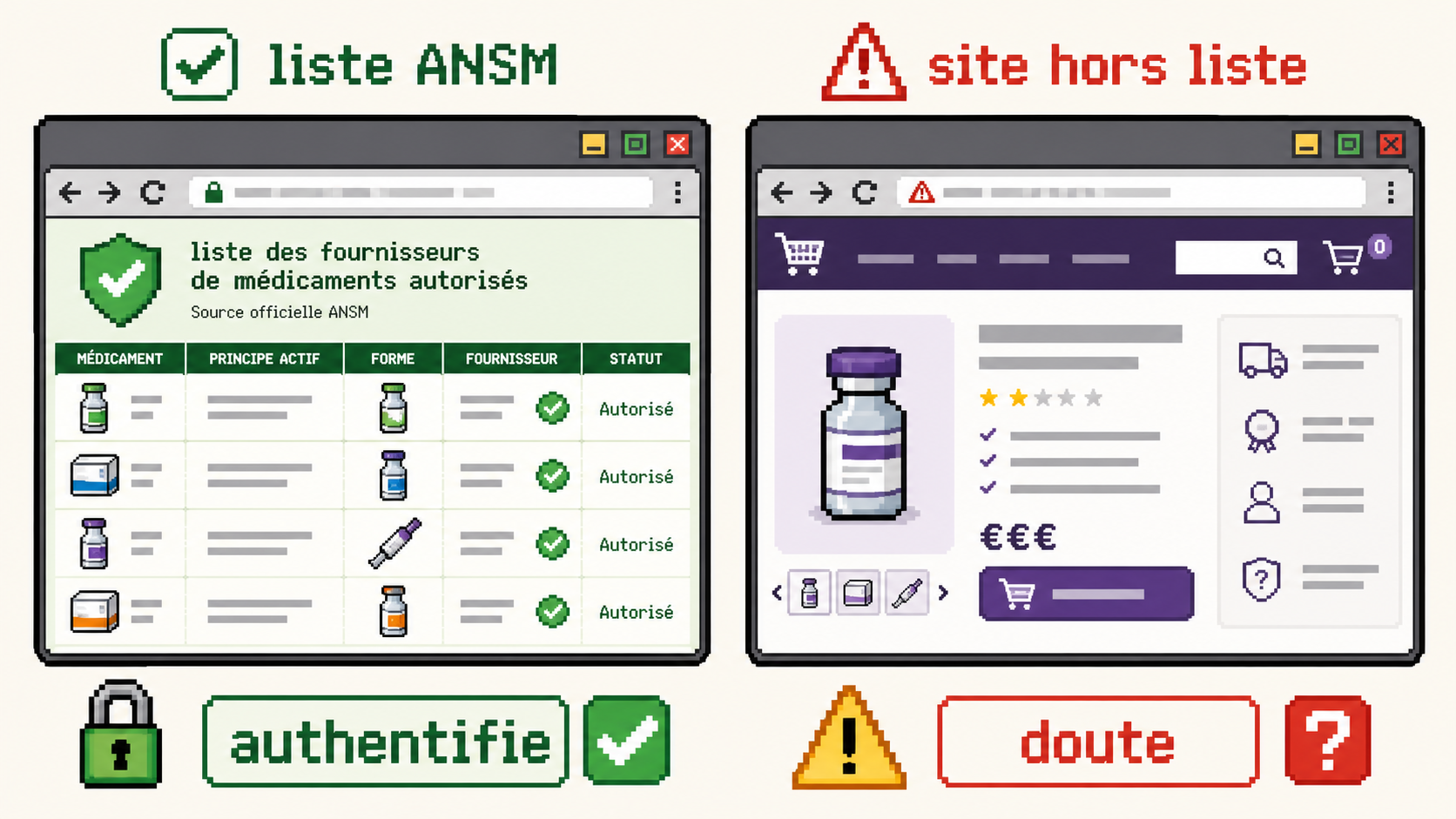 Comparaison pixel art entre une pharmacie authentifiee sur liste ANSM et un site hors liste douteux.