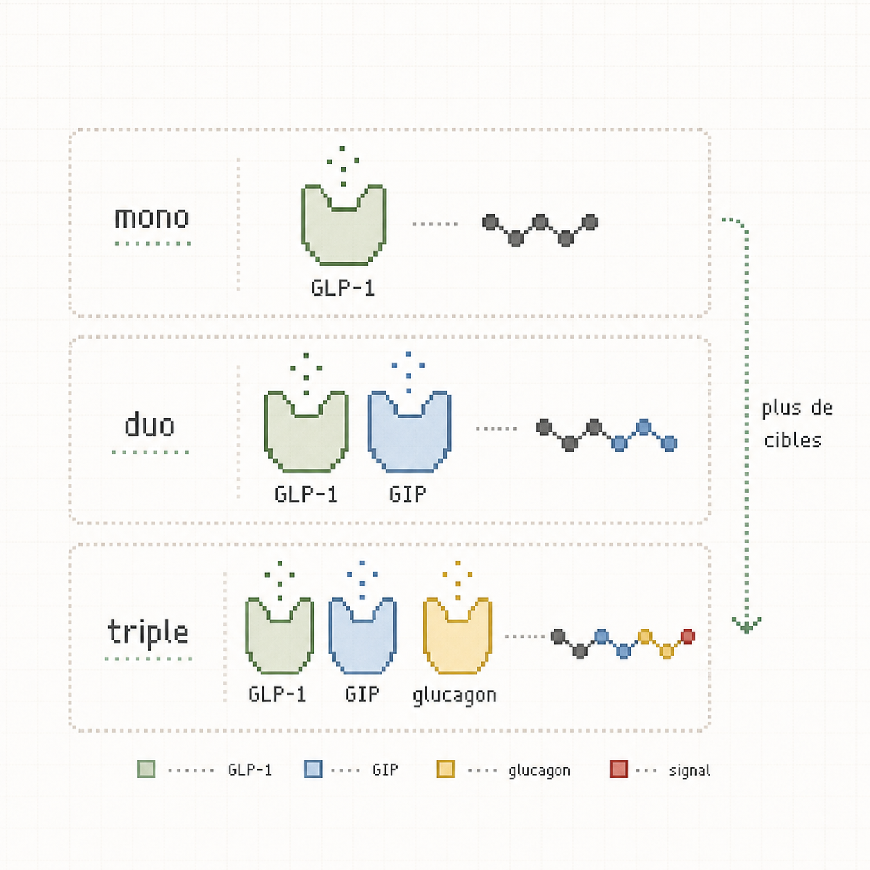 Schéma pixel art annoté comparant agonistes mono, duo et triples sur les récepteurs GLP-1, GIP et glucagon.