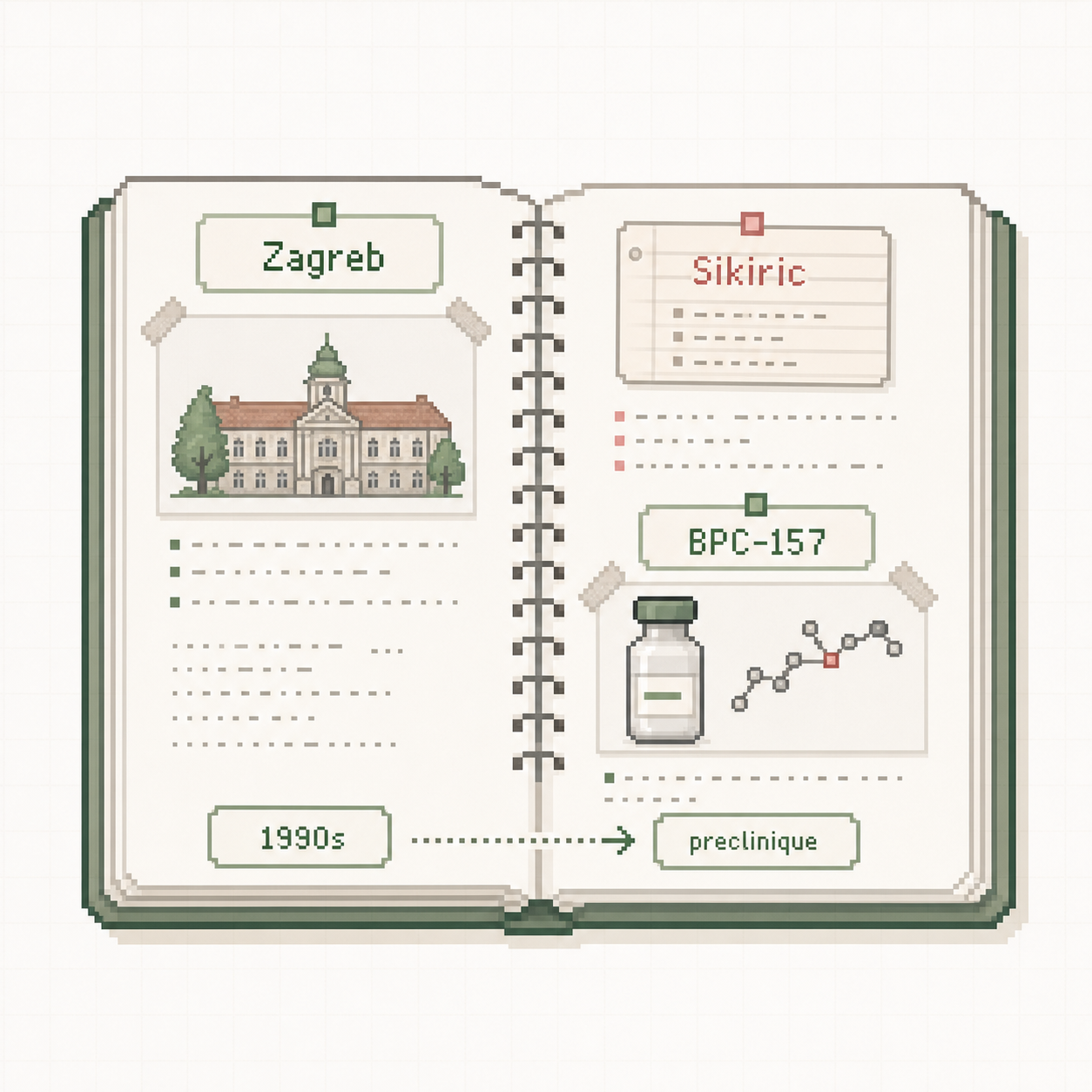 Carte pixel art annotée reliant BPC-157 à Zagreb, Sikiric, les années 1990 et le cadre préclinique.