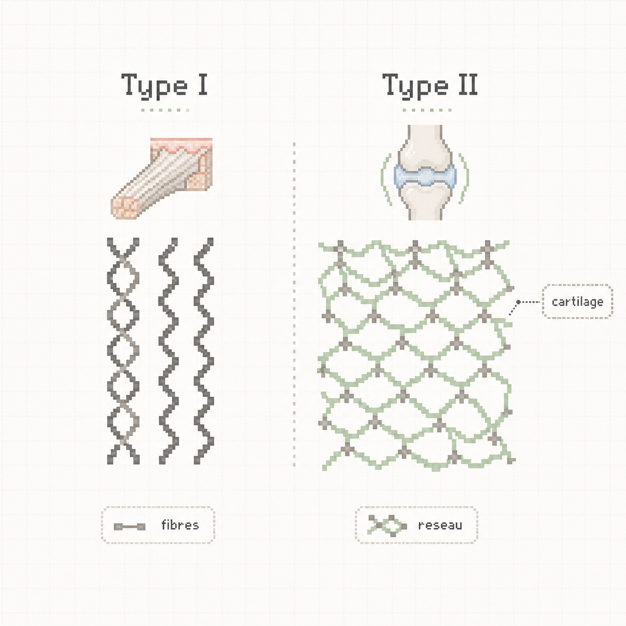 Schéma annoté comparant le collagène de type I en fibres et le type II en réseau cartilagineux.