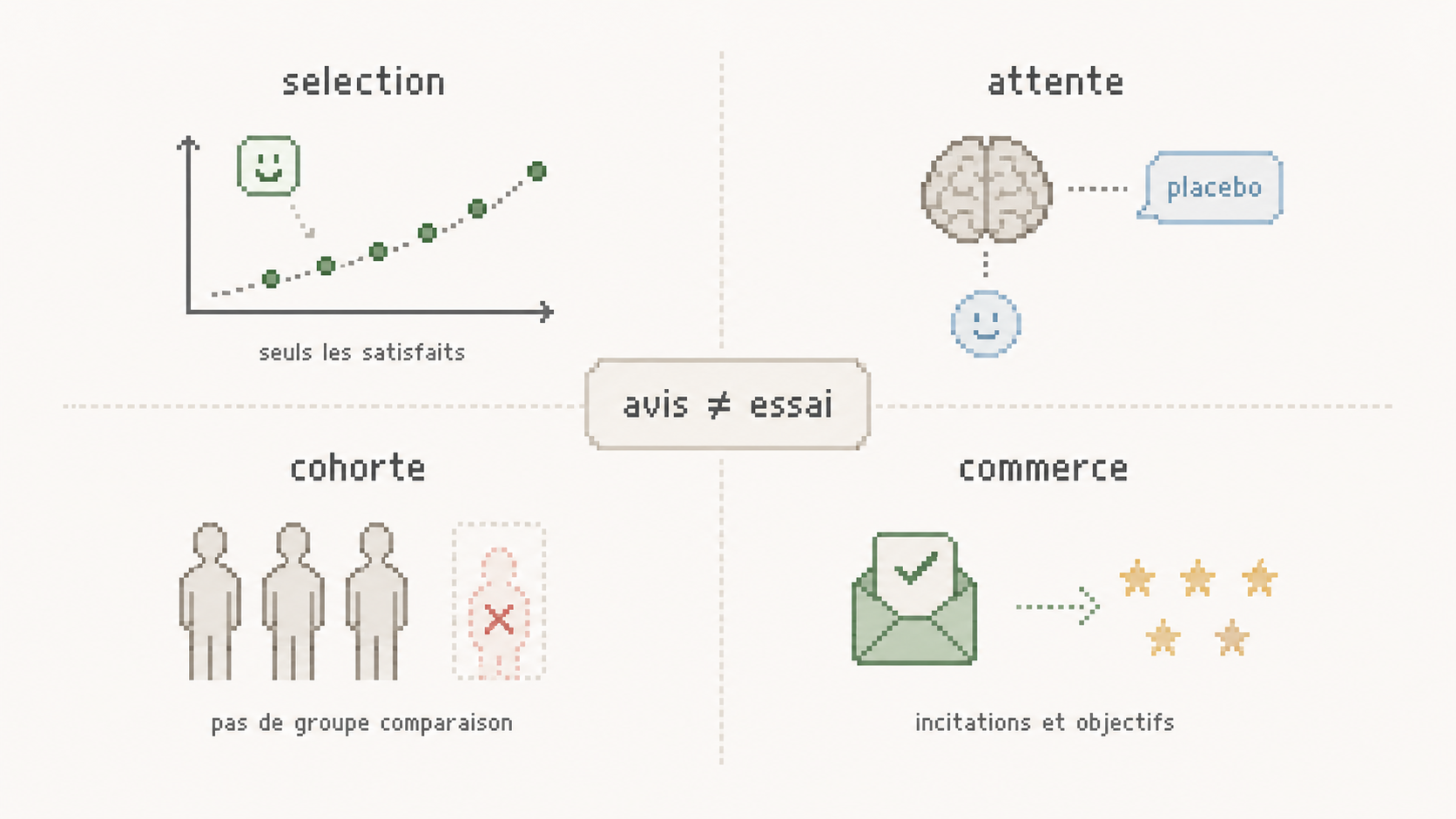 Diagramme pixel art en quatre quadrants montrant biais de sélection, attente, cohorte et commerce dans les avis.