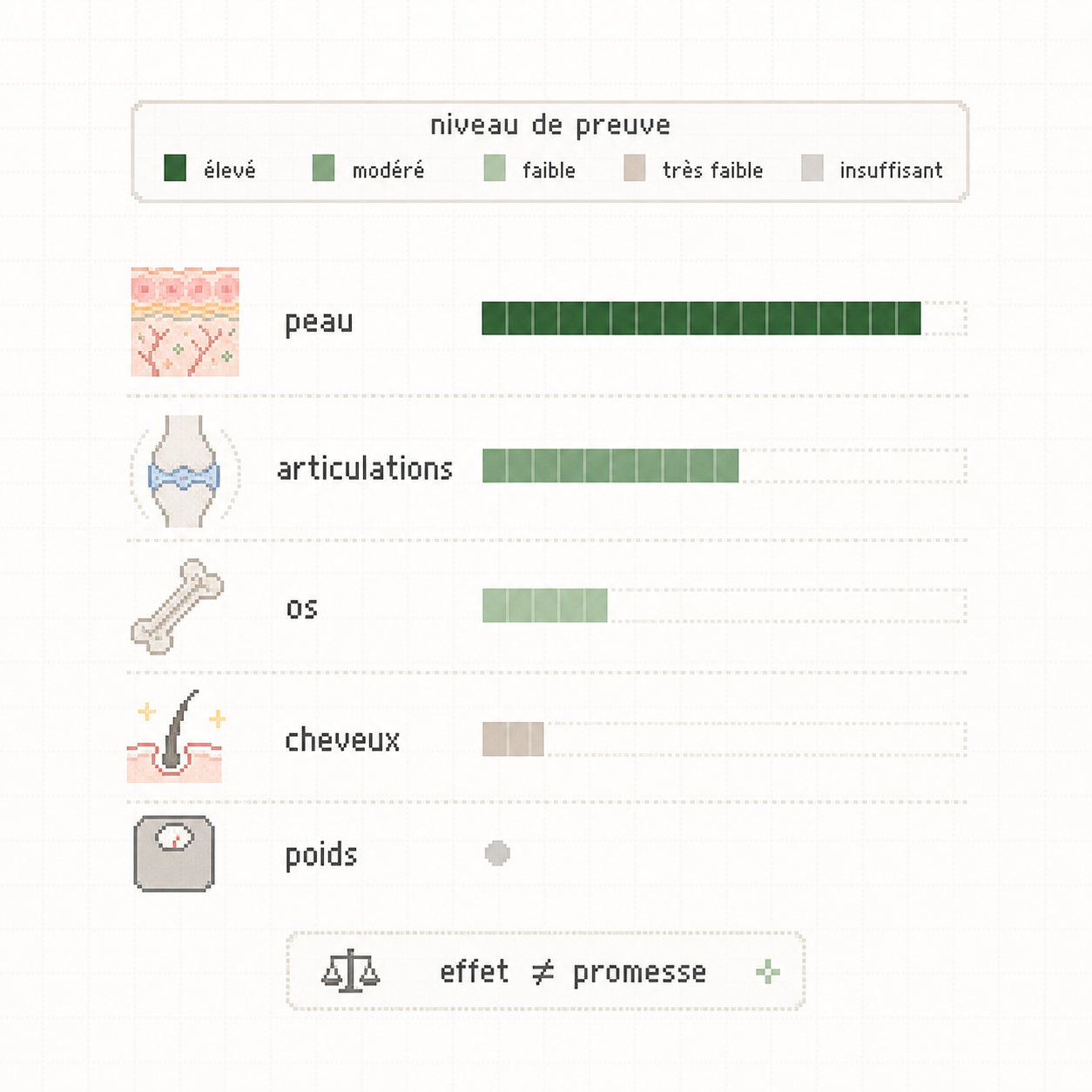 Graphique pixel art annoté comparant le niveau de preuve du collagène pour peau, articulations, os, cheveux et poids.