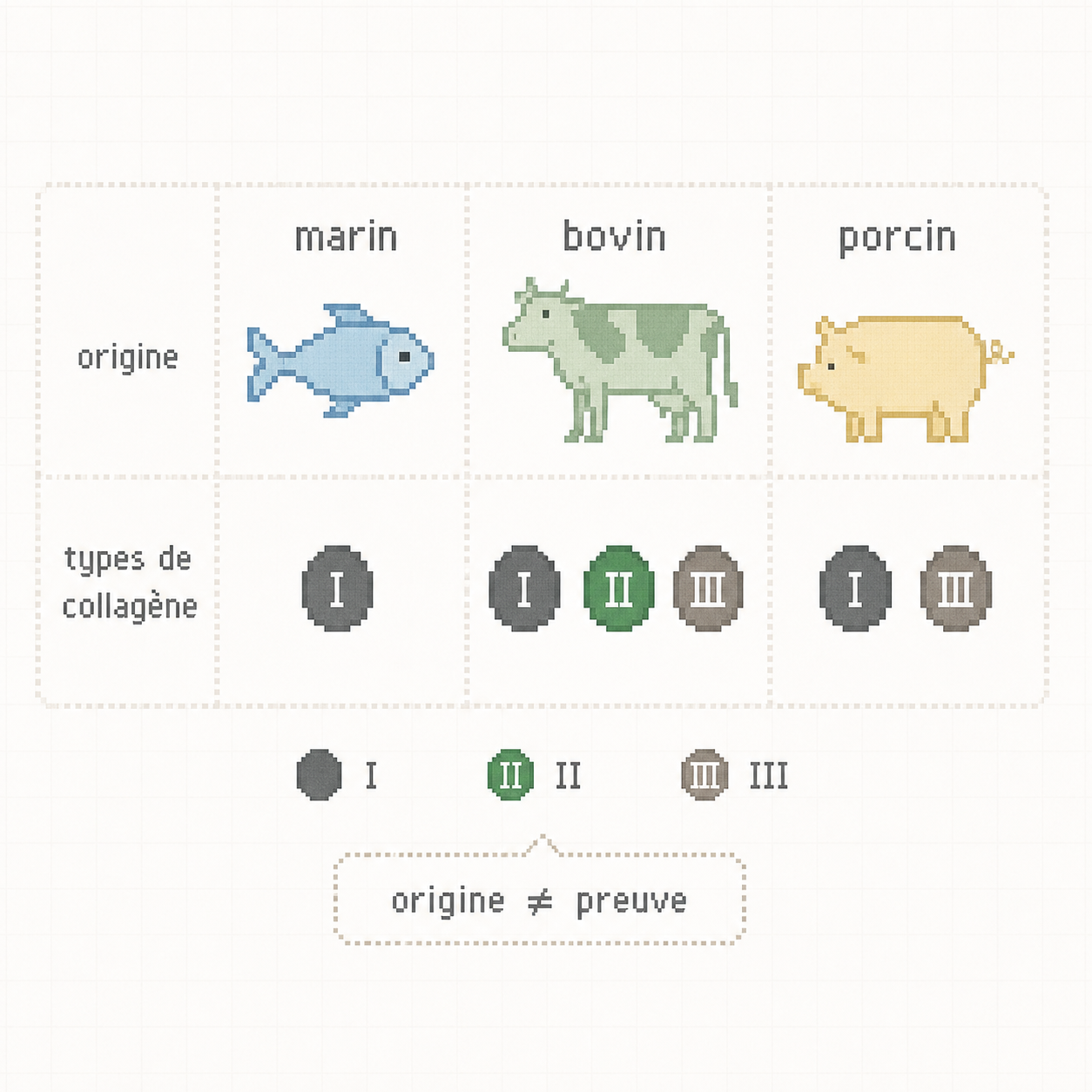 Tableau pixel art annoté comparant origines marine, bovine et porcine avec les types de collagène associés.