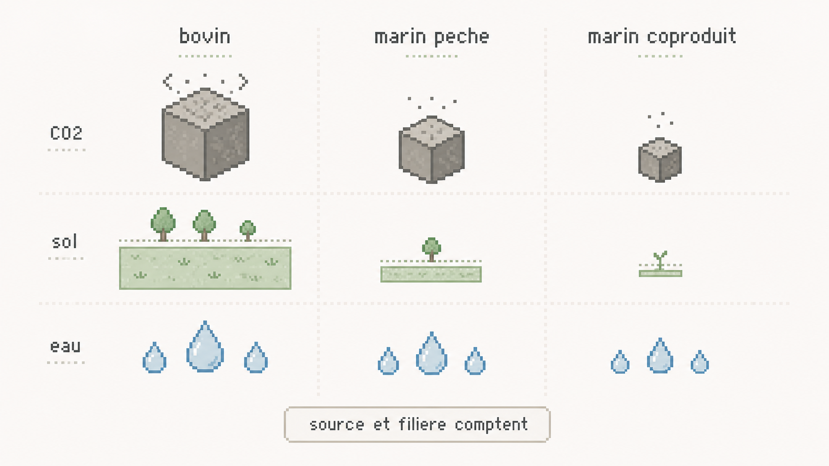 Comparaison pixel art de l'empreinte carbone, sol et eau entre collagène bovin, marin pêché et marin coproduit.