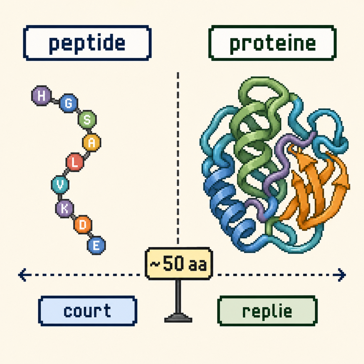 Schema pixel art comparant un peptide court et une proteine repliee autour du seuil conventionnel de 50 acides amines.