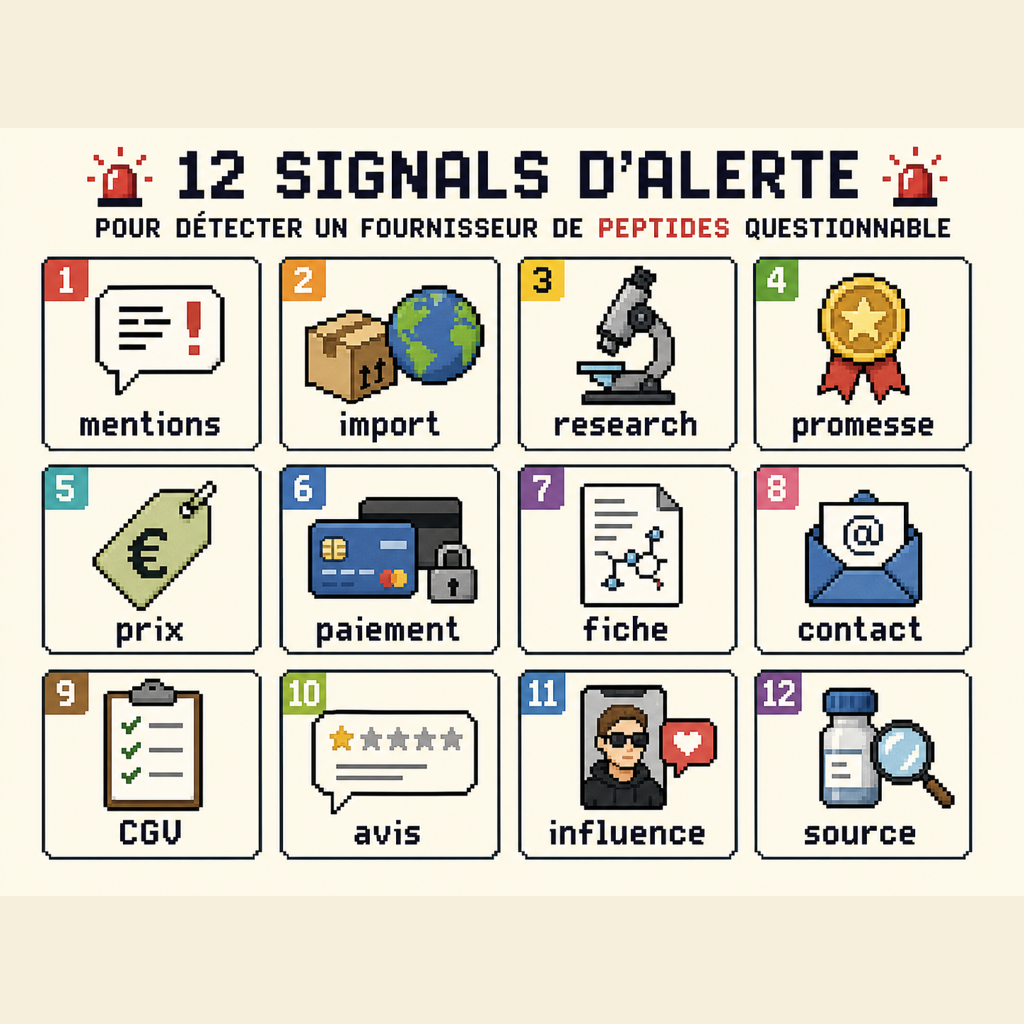 Grille pixel art des 12 signaux de risque a verifier avant achat chez un fournisseur de peptides.