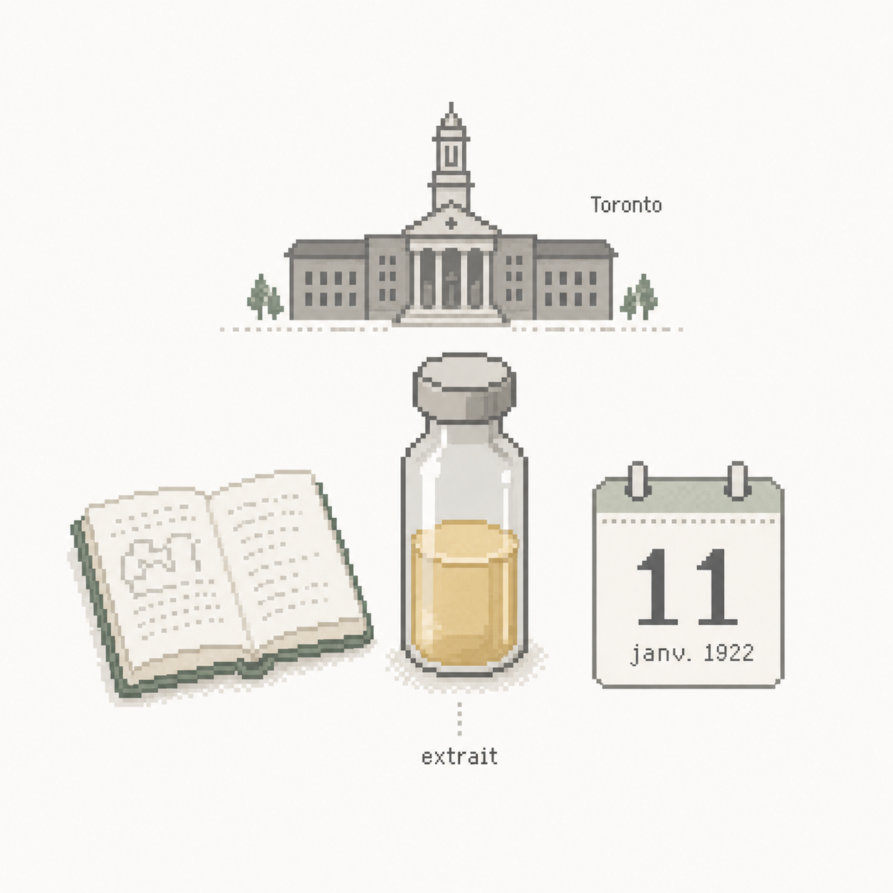 Scène pixel art annotée du laboratoire de Toronto avec fiole d’extrait insulinique et repère du 11 janvier 1922.