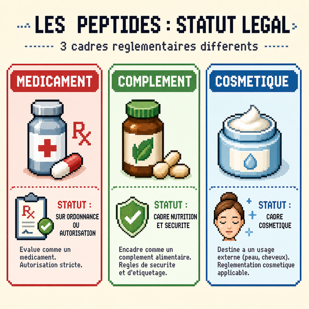Schema des trois statuts juridiques possibles pour un peptide en France : medicament, complement, cosmetique.