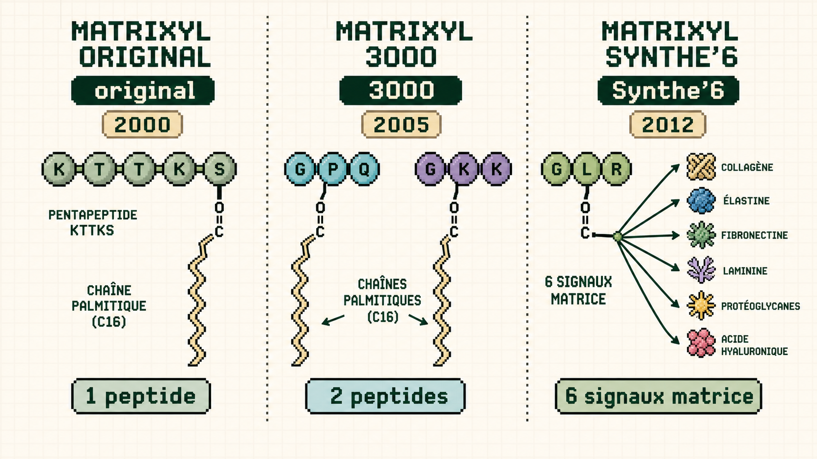 Schema pixelise comparant Matrixyl original, Matrixyl 3000 et Synthe'6 par annee et nombre de peptides.