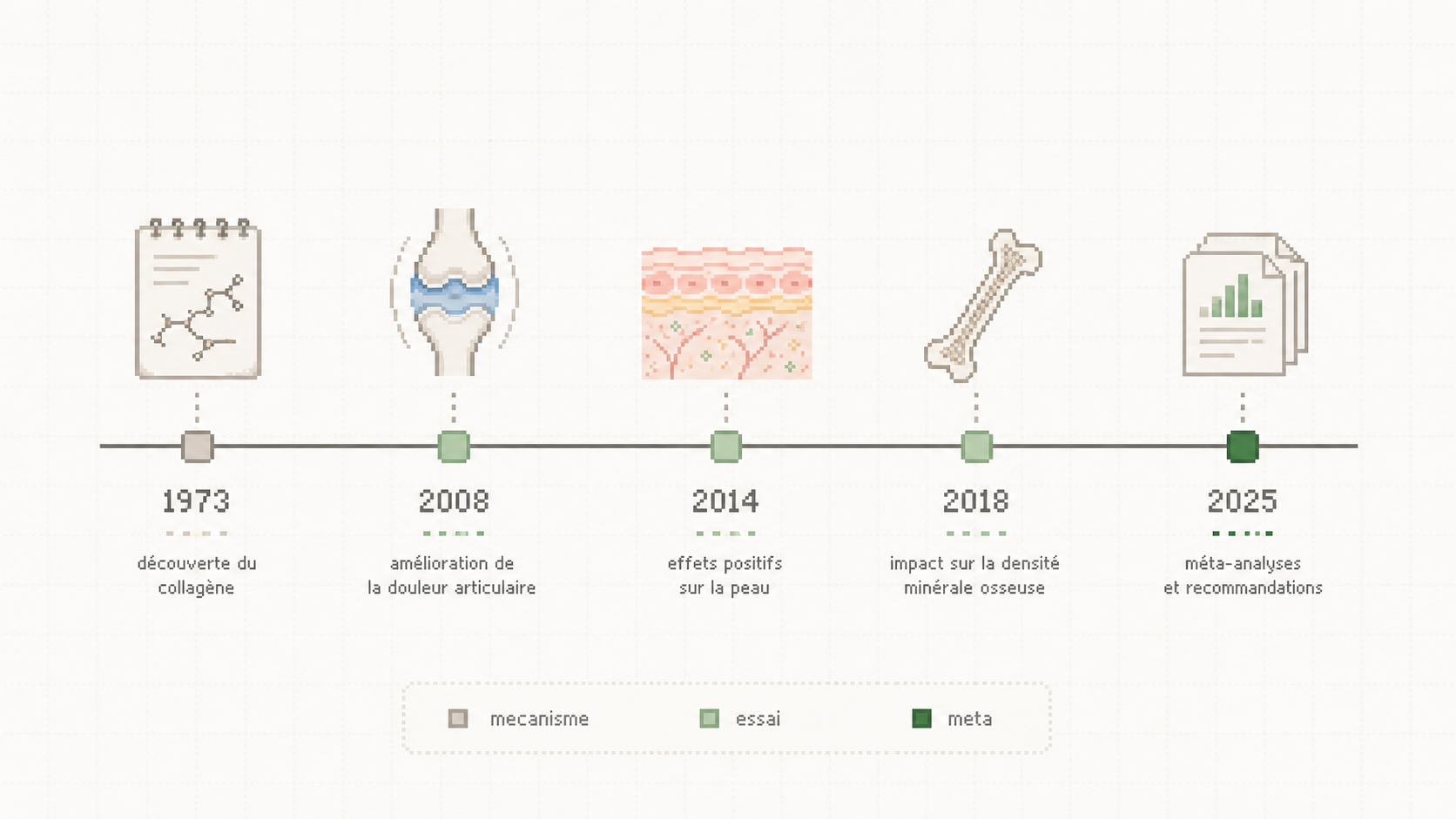 Frise annotée en pixel art résumant les jalons de preuve clinique des peptides de collagène de 1973 à 2025.