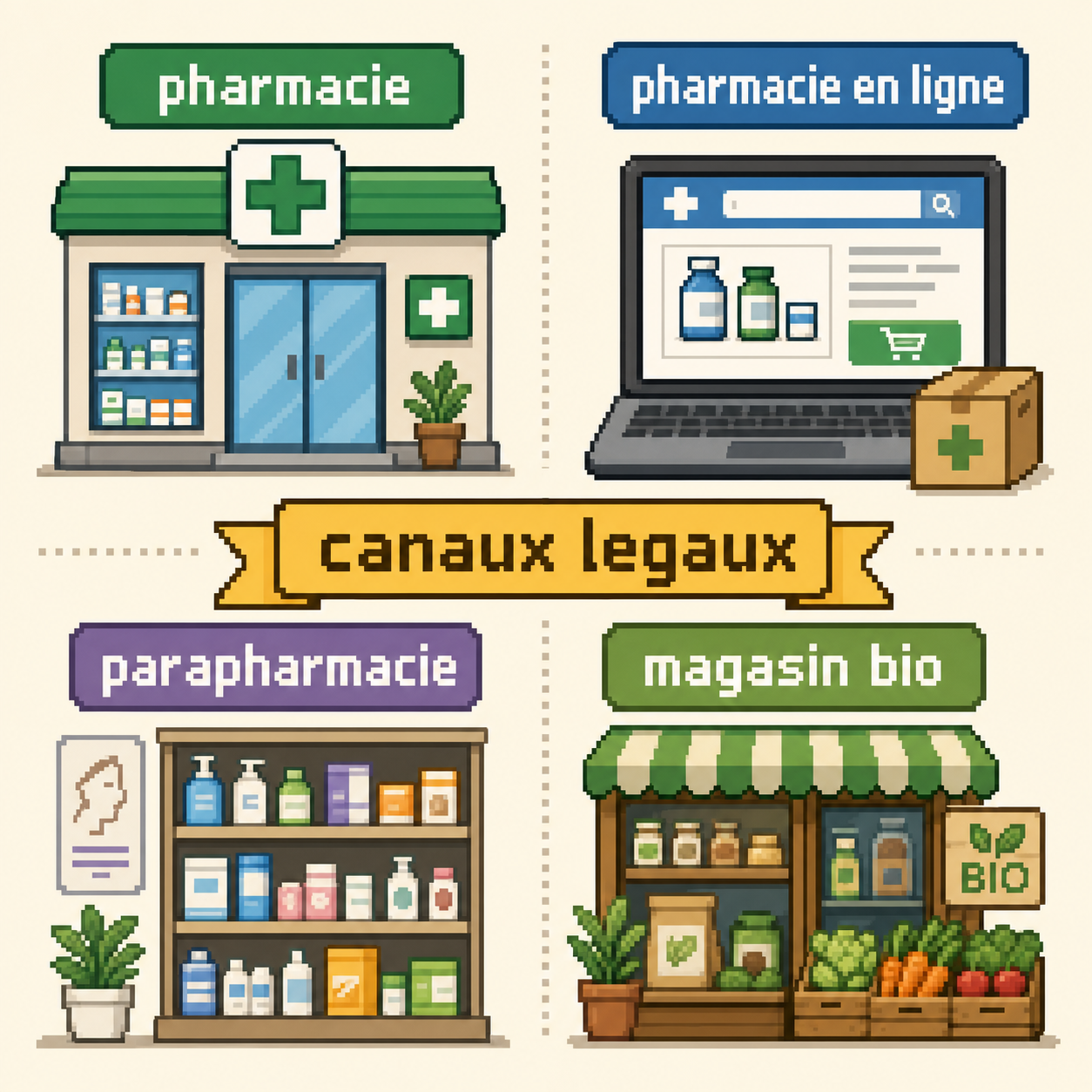 Schema des quatre canaux legaux pour acheter peptides, complements ou cosmetiques selon leur statut en France.
