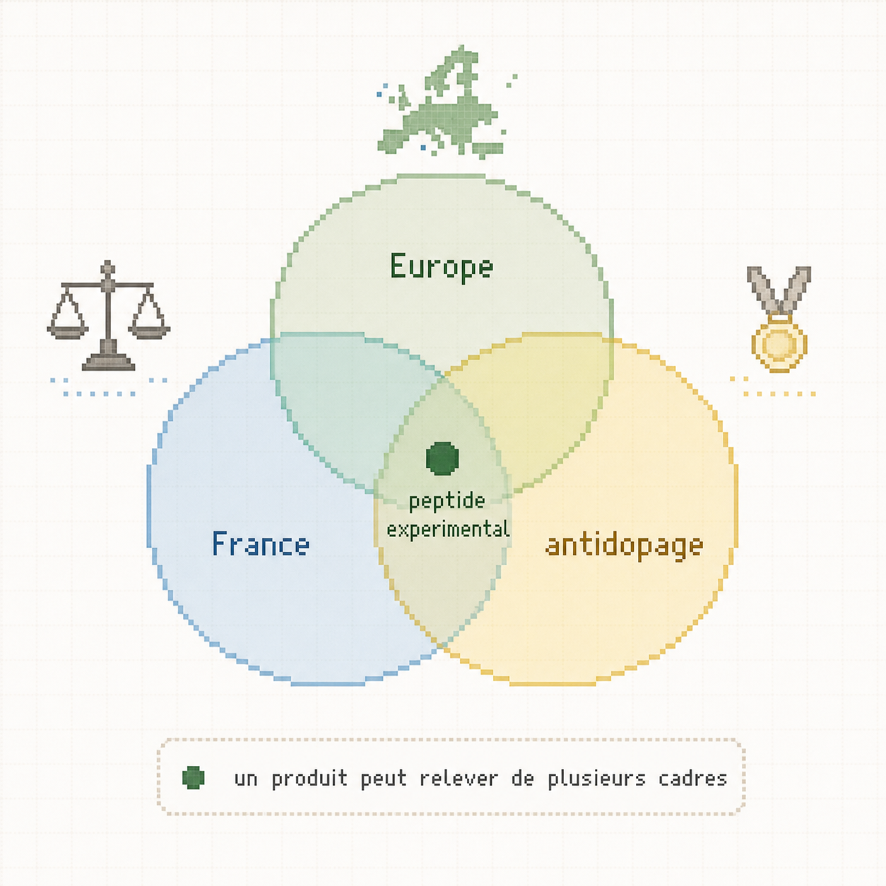 Diagramme de Venn pixel art annoté montrant les cadres France, Europe et antidopage autour d'un peptide expérimental.