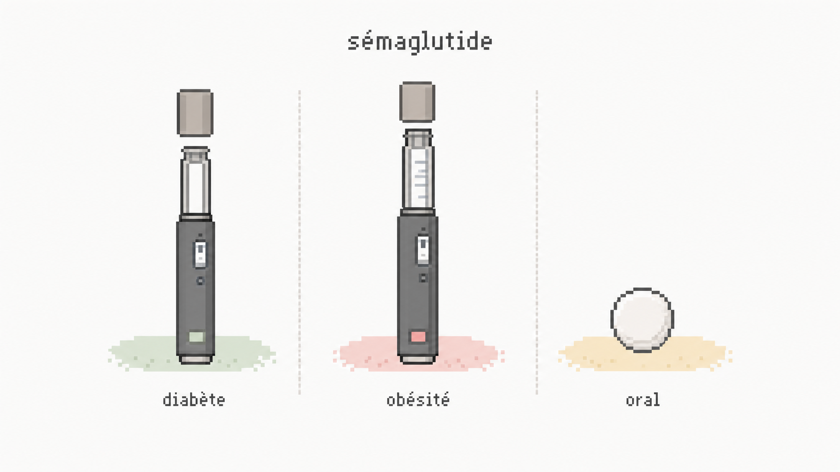 Schéma pixel art annoté des trois cadres du sémaglutide: injection diabète, injection obésité et forme orale.